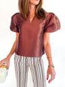 Brown satin blouse with short puff sleeves