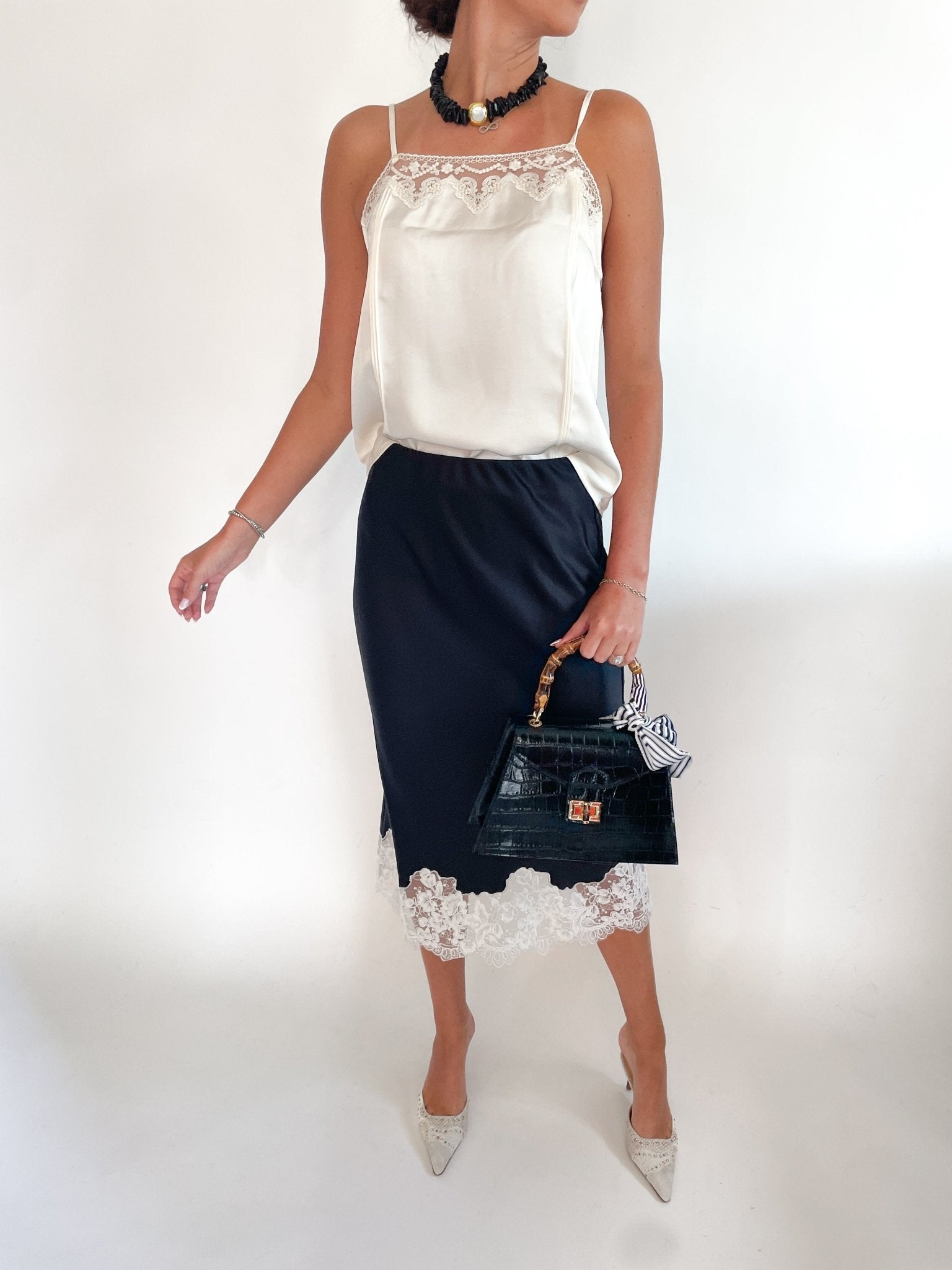 Black and white lace trim midi skirt