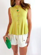 Chartreuse sleeveless top with button front detail