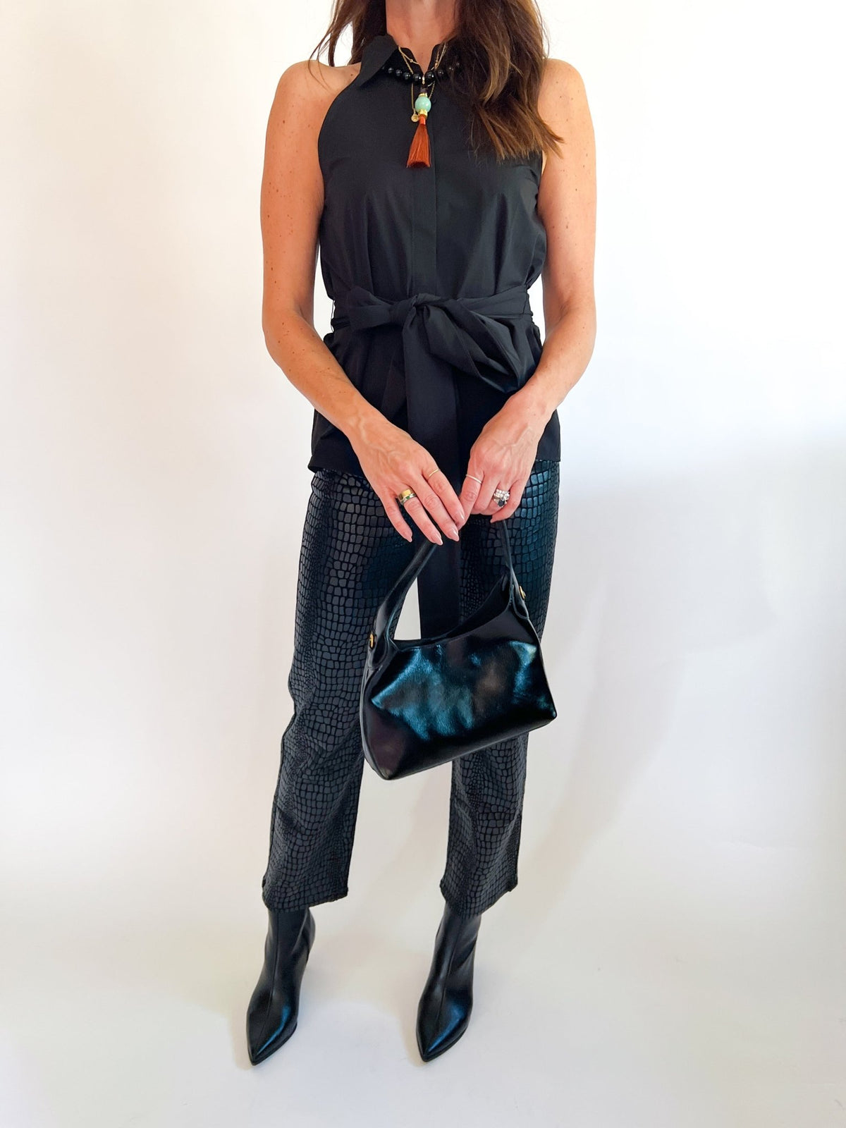 Sleeveless Collared Waist Tie Top - Swoon Boutique New Orleans