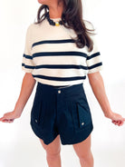 White striped short sleeve knit sweater
