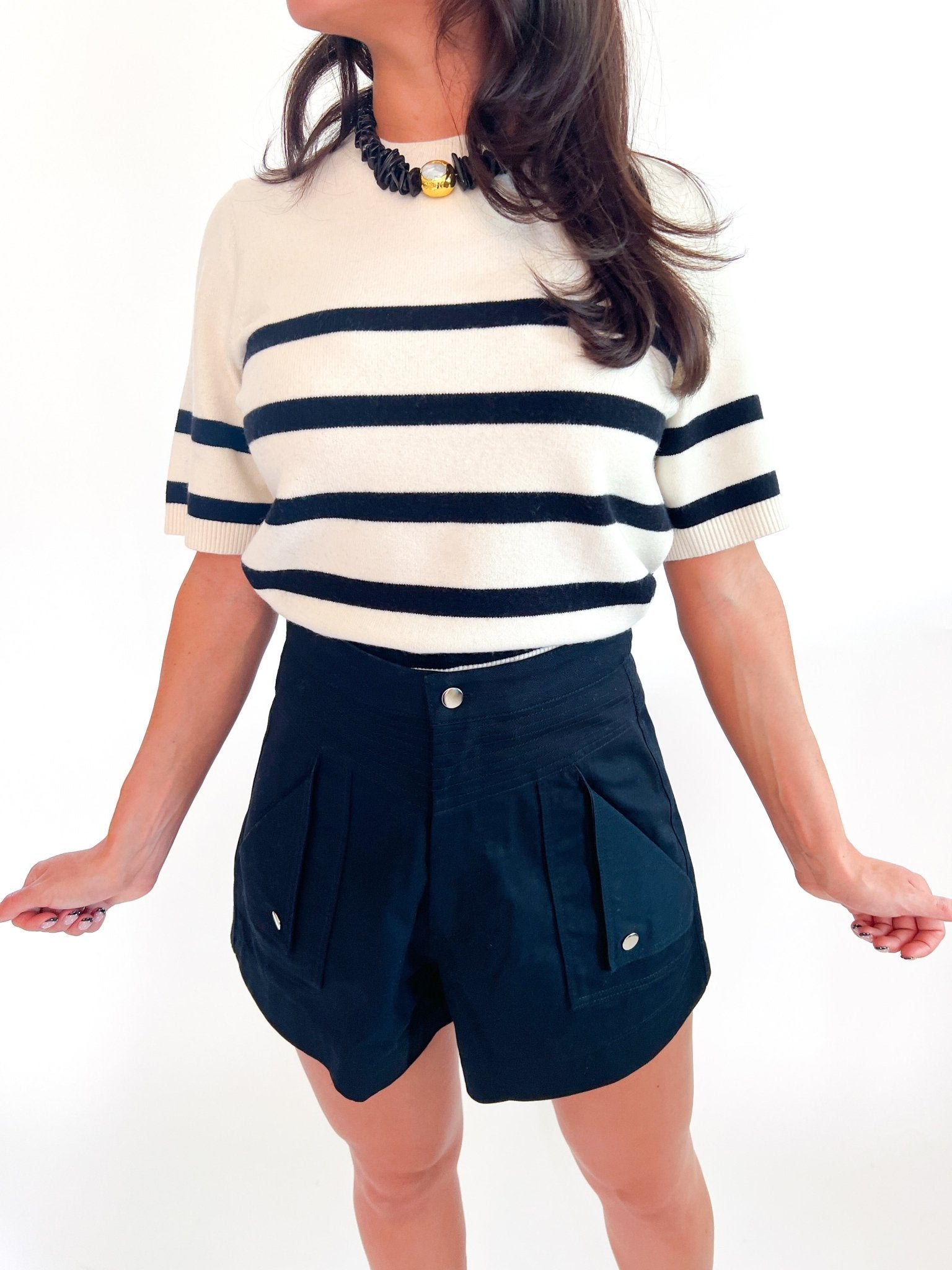 White striped short sleeve knit sweater