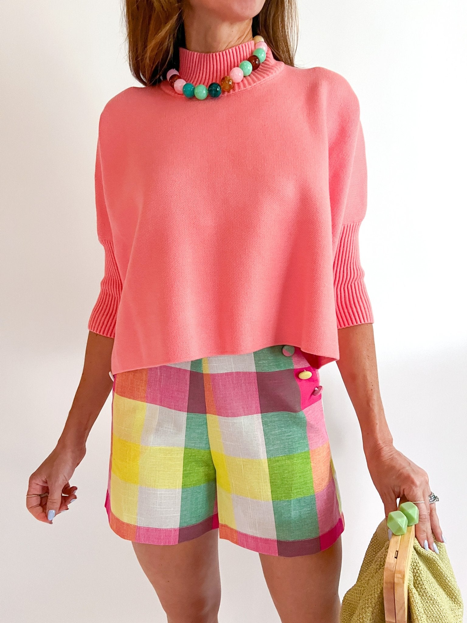 Pink quarter sleeve sweater with mock neckline