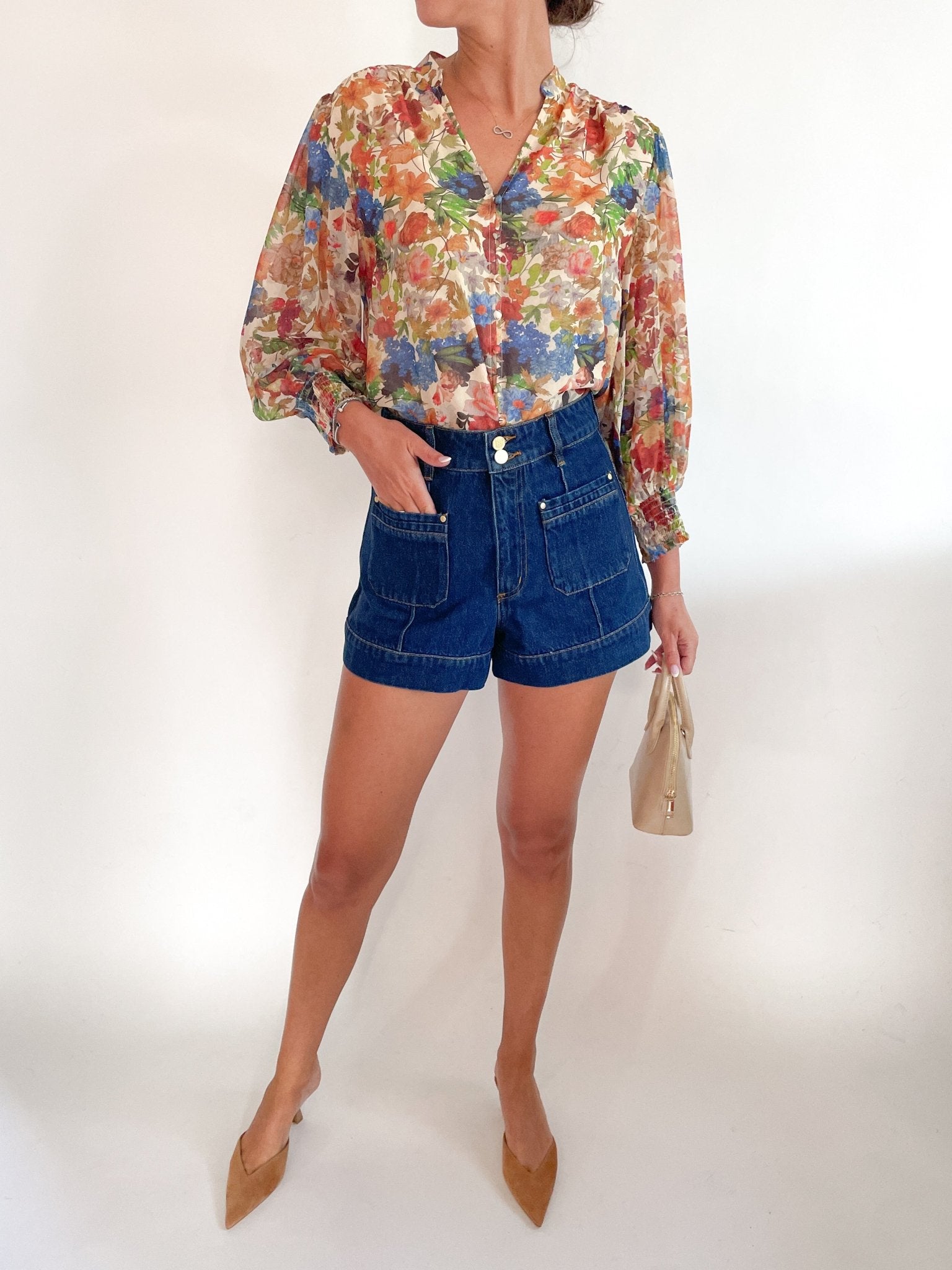 Split Neckline Button Blouse - Swoon Boutique New Orleans