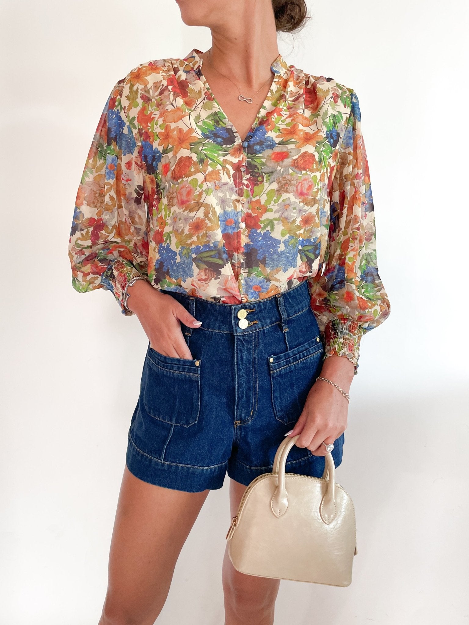 Split Neckline Button Blouse - Swoon Boutique New Orleans