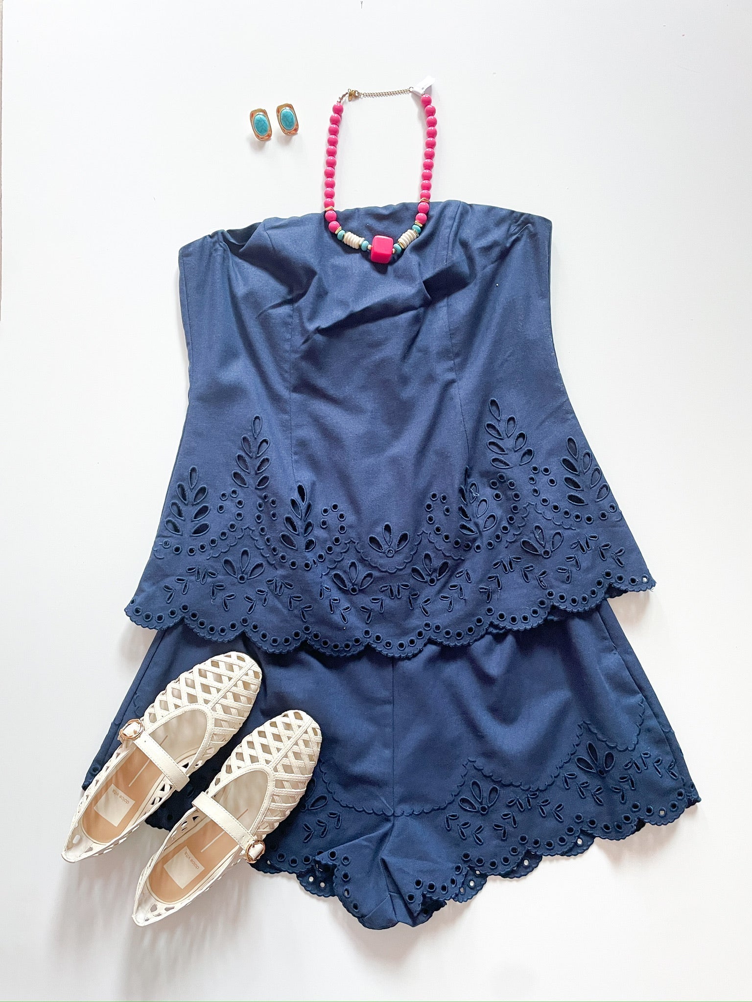 Navy strapless eyelet embroidered top with shorts