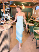 Strapless Tiered Fringe Midi Dress in mint with cascading fringe tier detail
