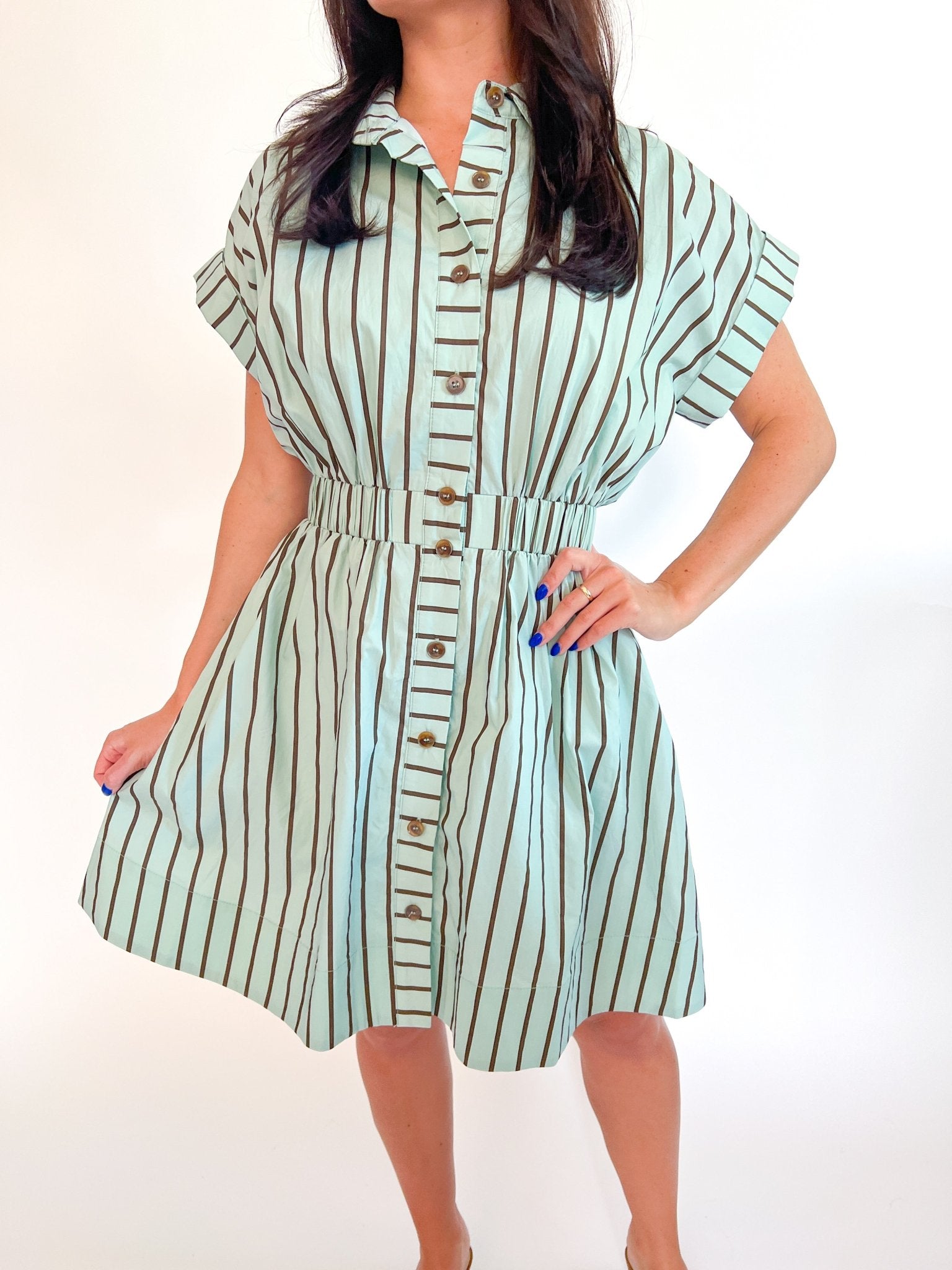 Green striped mini dress with button front