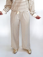 Striped wide leg knit pants with drawstring waist