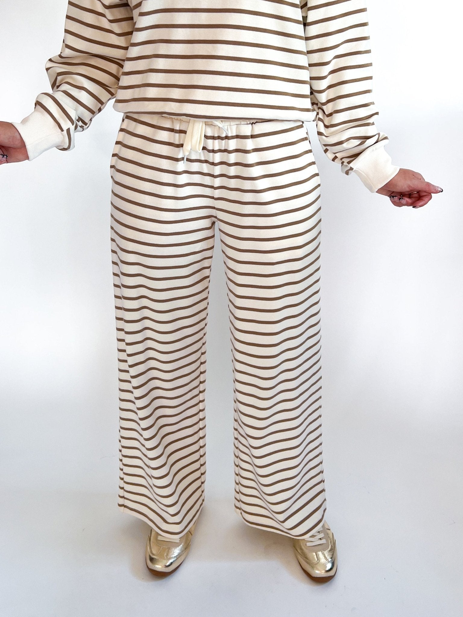 Striped wide leg knit pants with drawstring waist