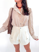 Brown striped ruffle collar blouse with long sleeves
