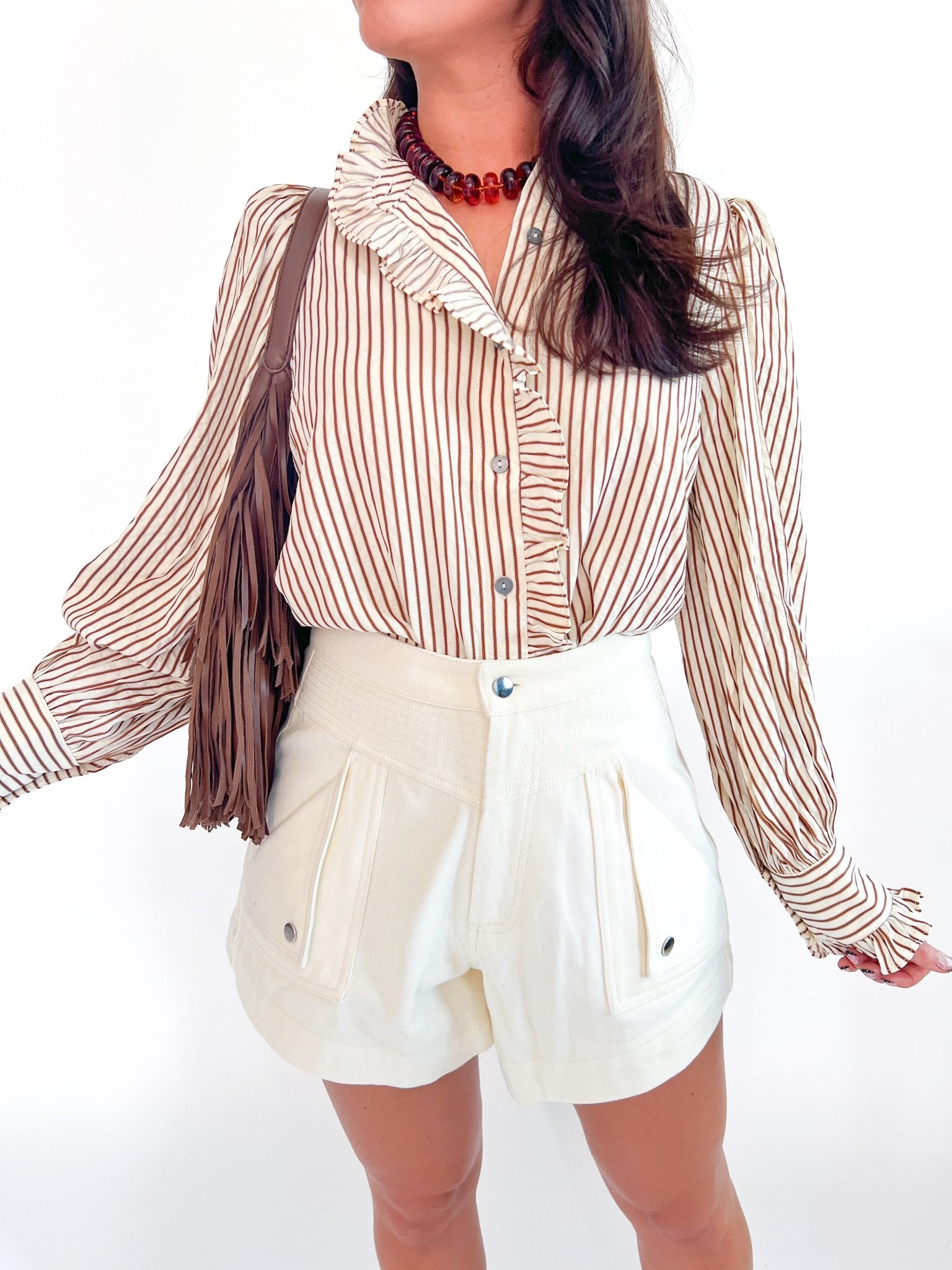 Brown striped ruffle collar blouse with long sleeves