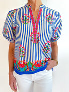 Striped Garden Raya Top by Maude Vivante in blue multi cotton poplin stripe