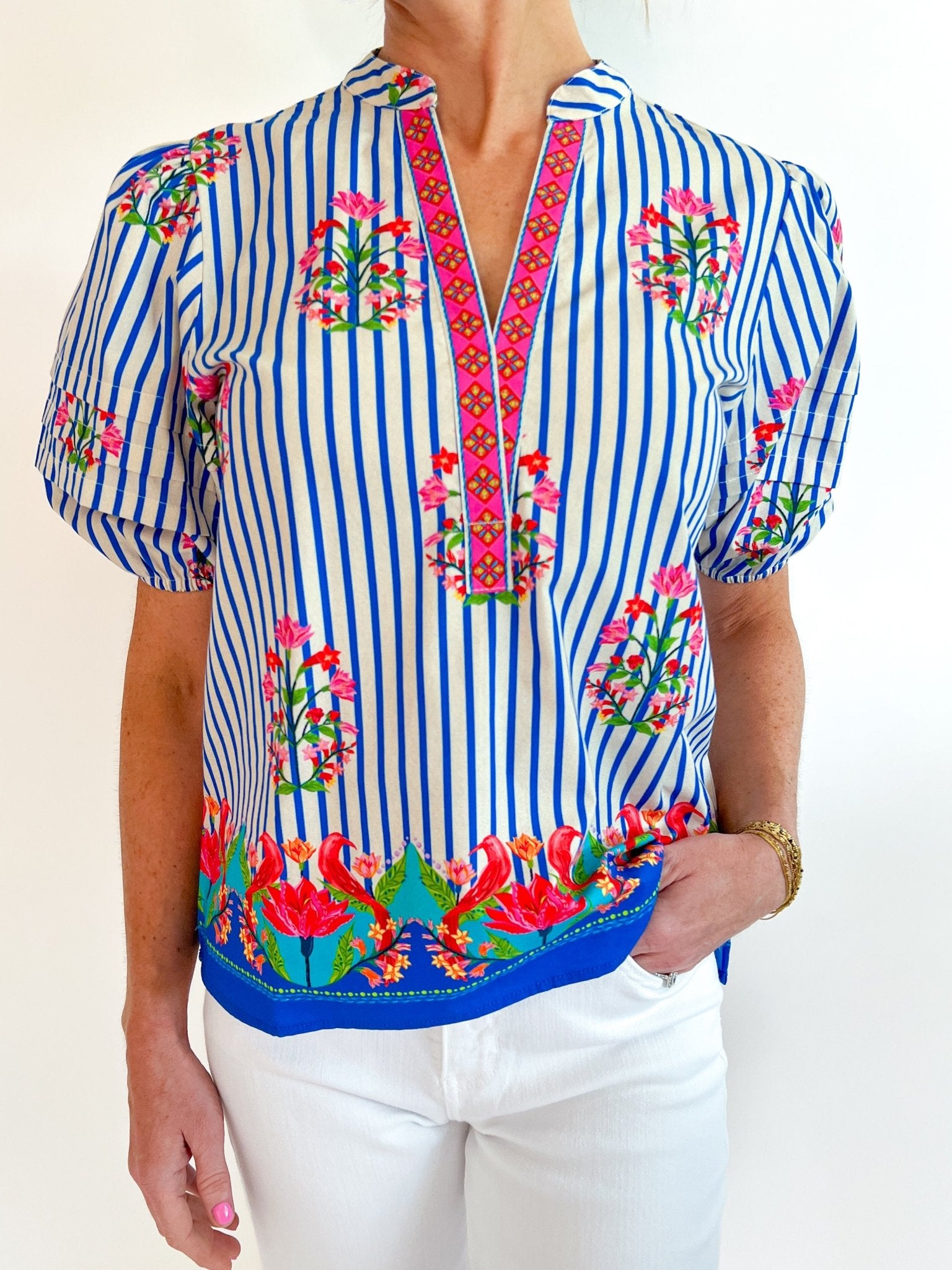 Striped Garden Raya Top by Maude Vivante in blue multi cotton poplin stripe