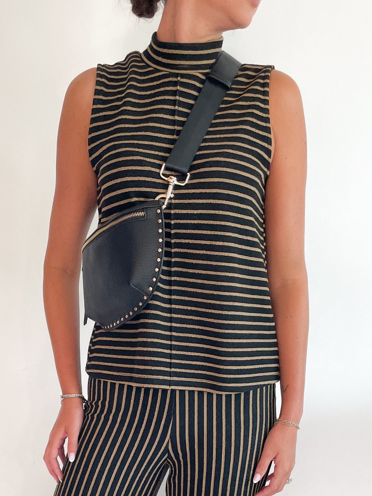 Black striped sleeveless mock neck top