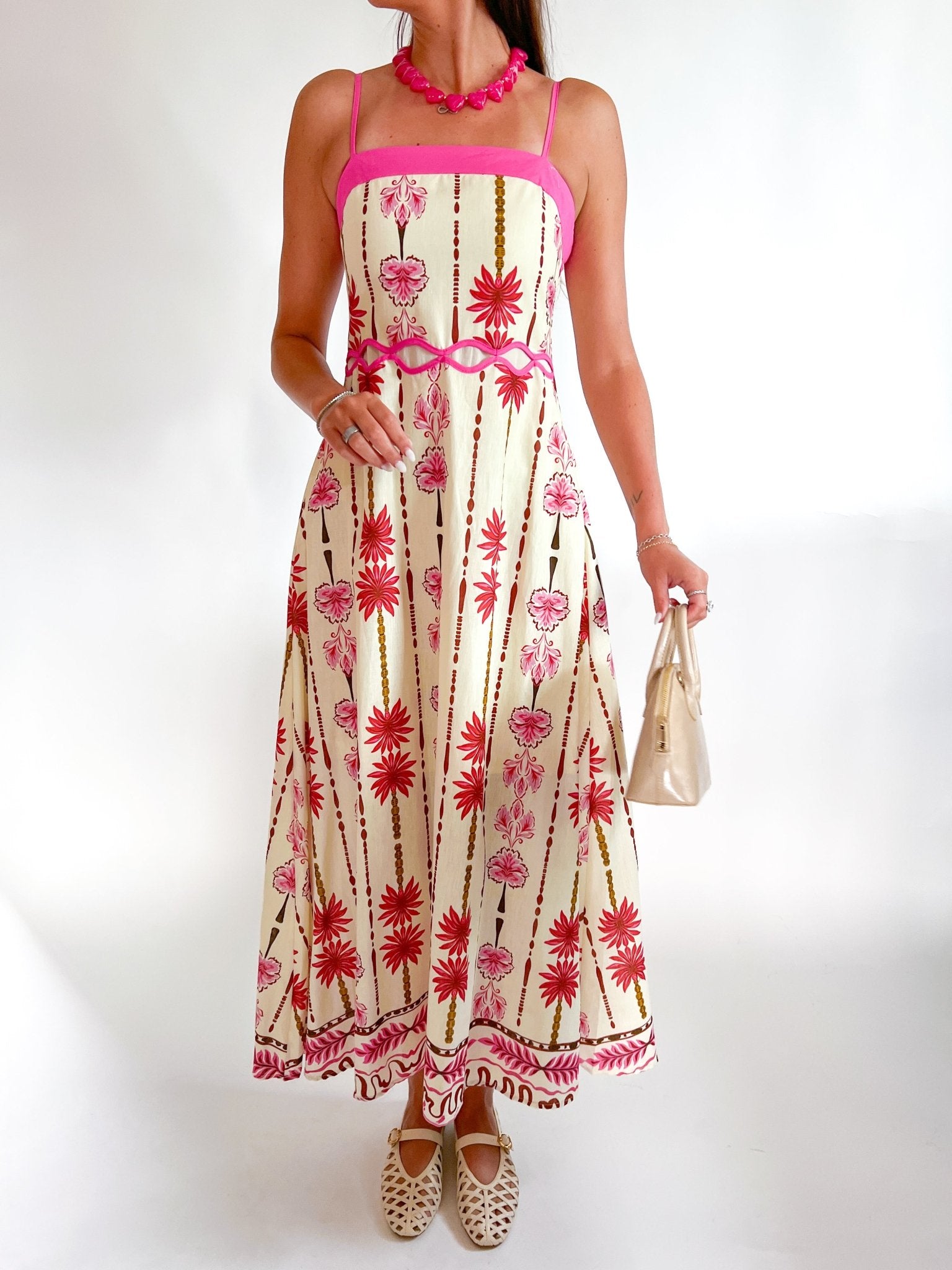 Floral striped maxi dress with ric rac trim