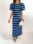 Navy striped maxi dress with puff sleeves and side slit