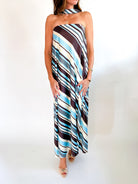 Striped Strapless Maxi Dress With Scarf - Swoon Boutique New Orleans