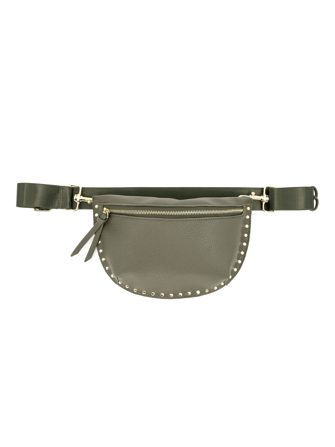 Black studded crossbody bag with gold hardware