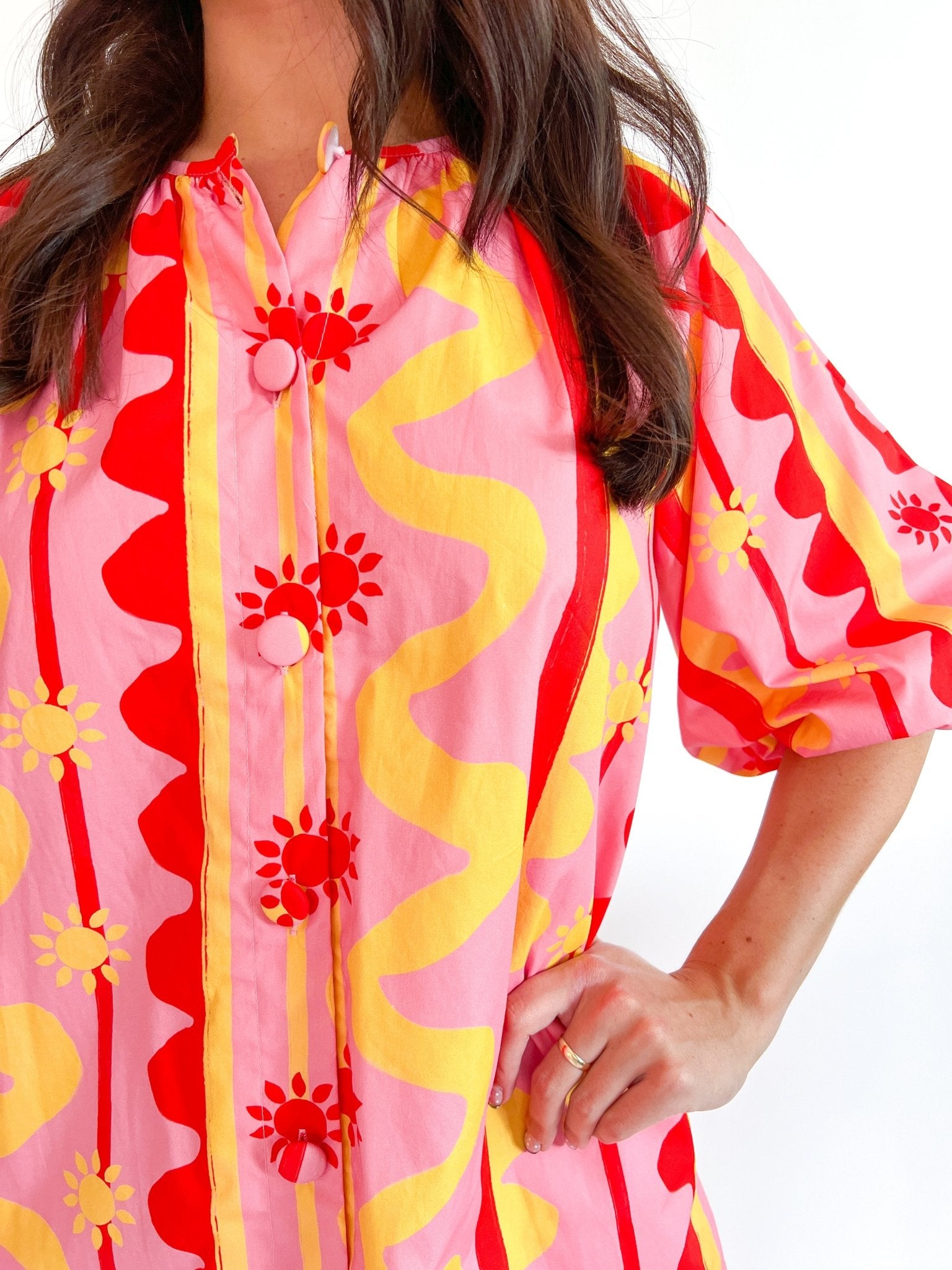 Sun & Wave Print Cotton Poplin Button Down Dress - Swoon Boutique New Orleans