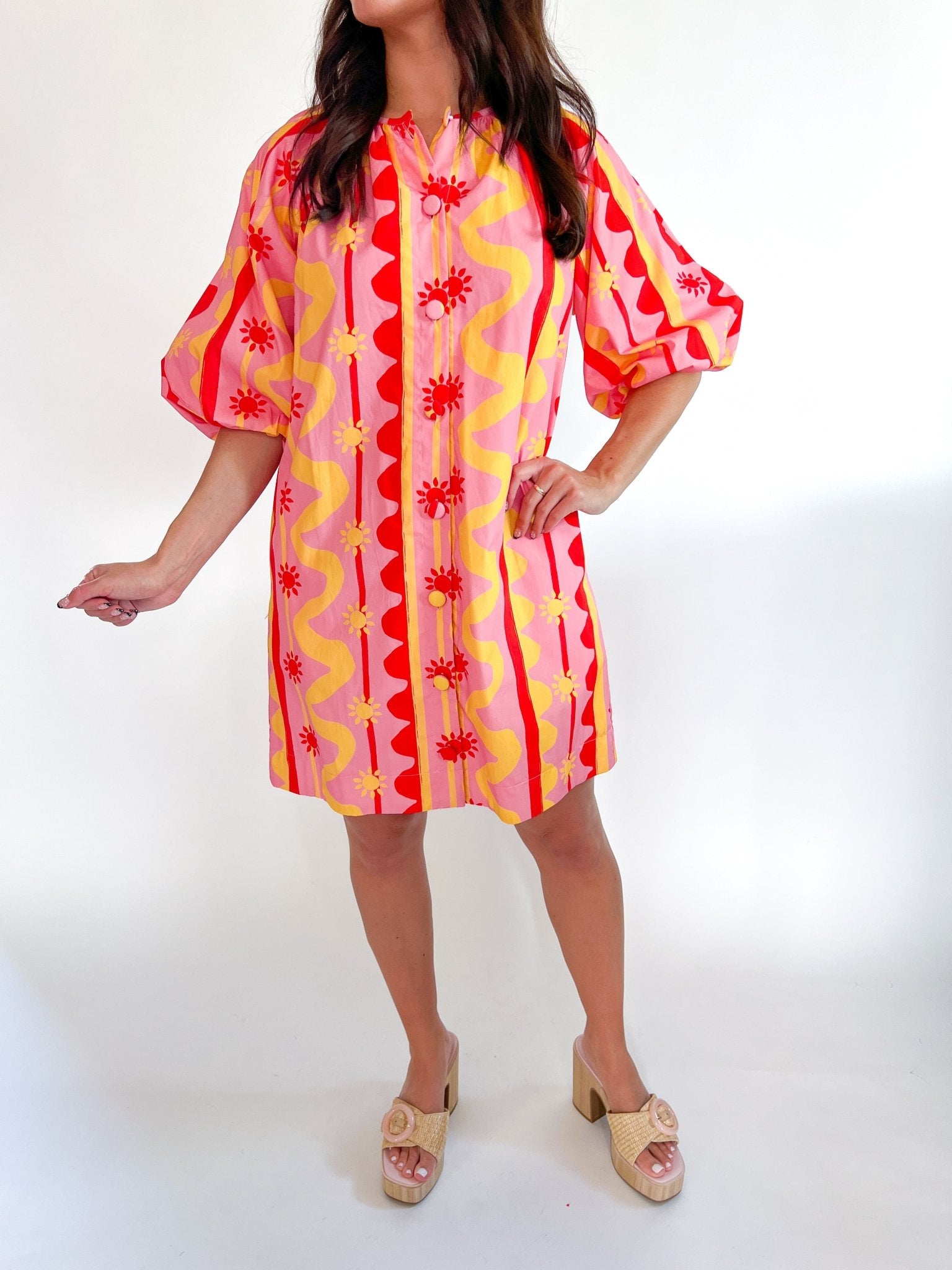 Sun & Wave Print Cotton Poplin Button Down Dress - Swoon Boutique New Orleans