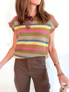 Multicolor striped knit sweater with ribbed trim