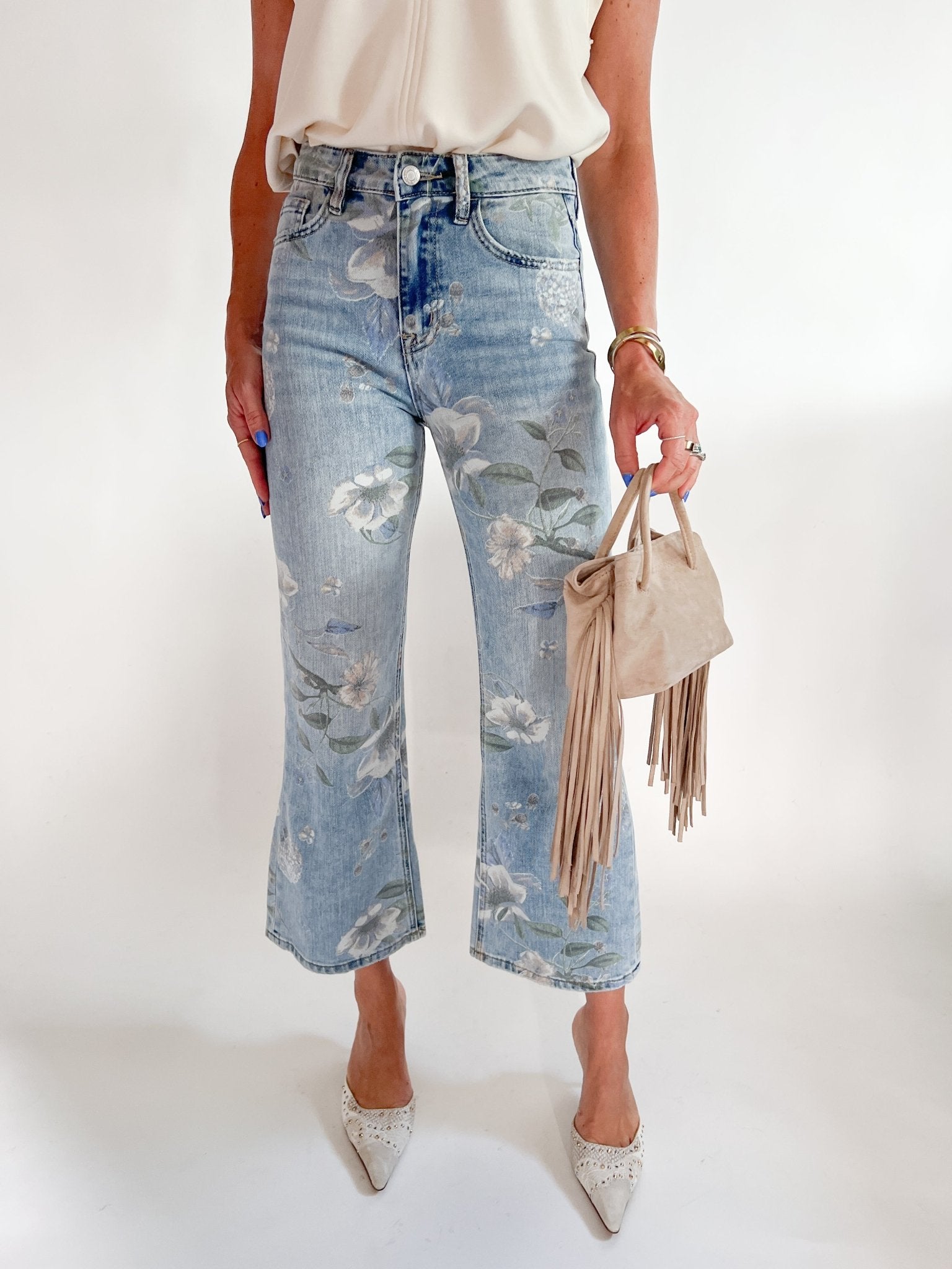 Floral print high-rise flare jeans in light wash denim