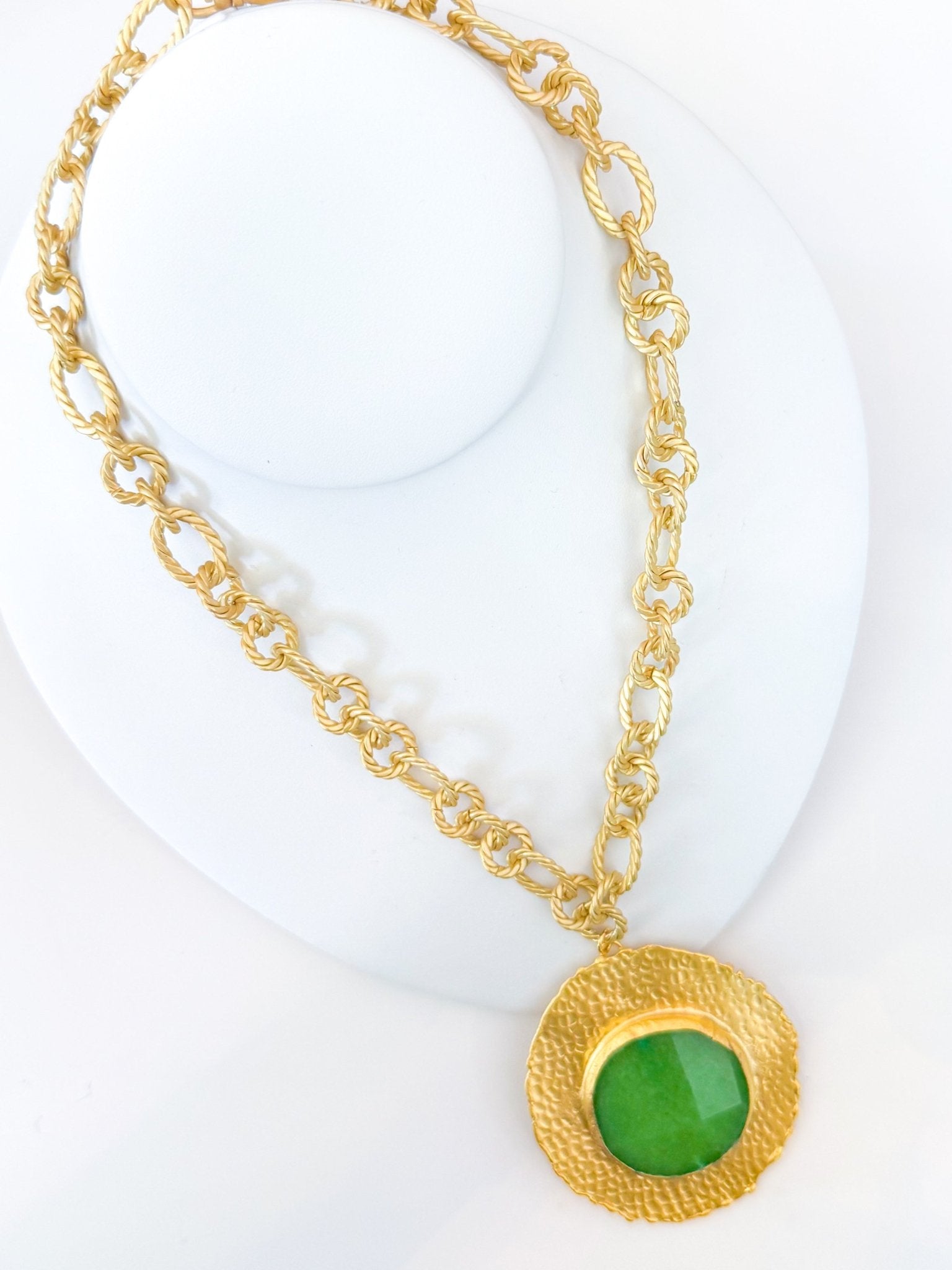 Green gemstone bezel necklace with twisted rope chain