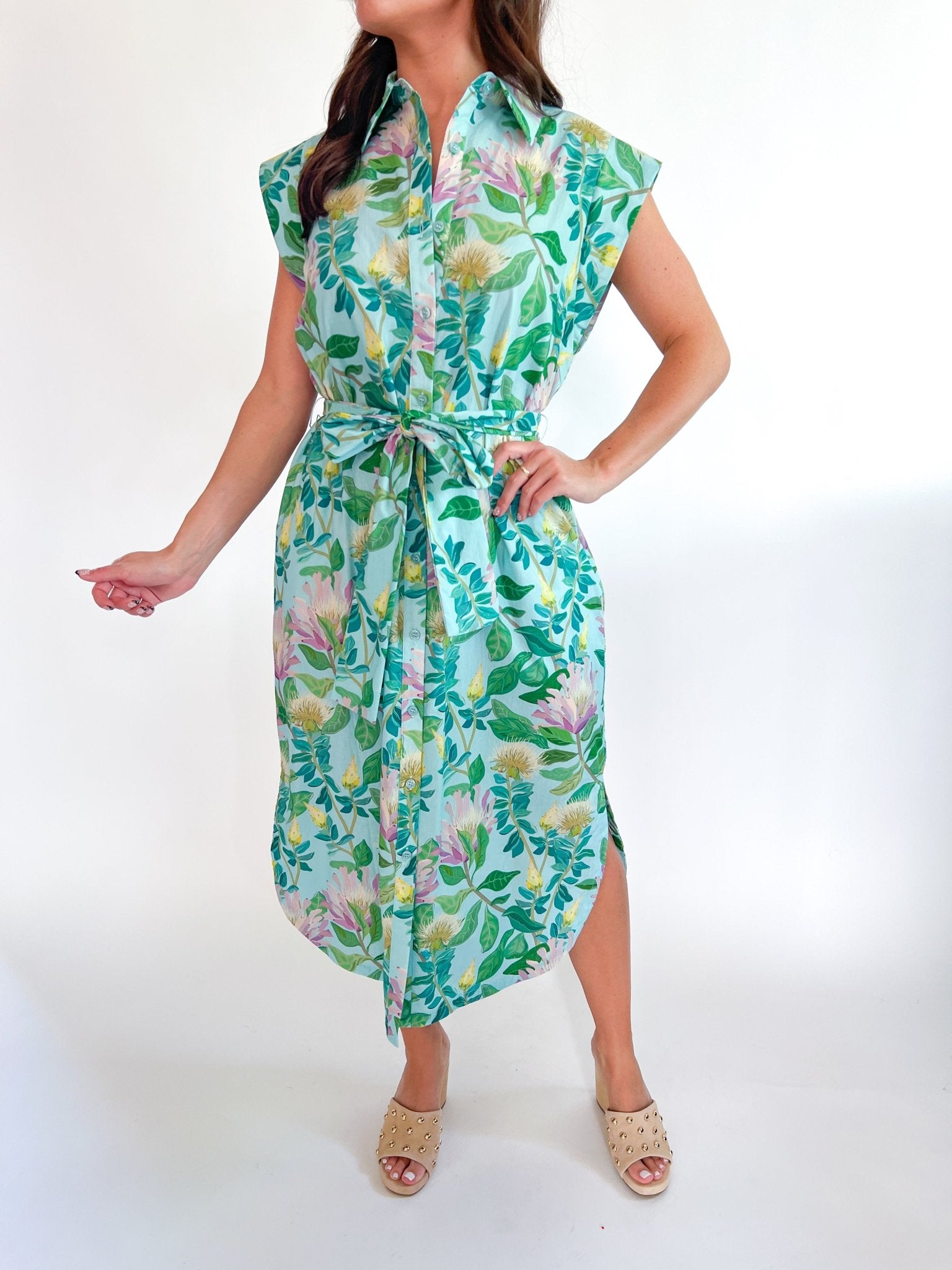 Sweet Thistle Round Hem Midi Dress by JADE in multi floral print with rounded hem