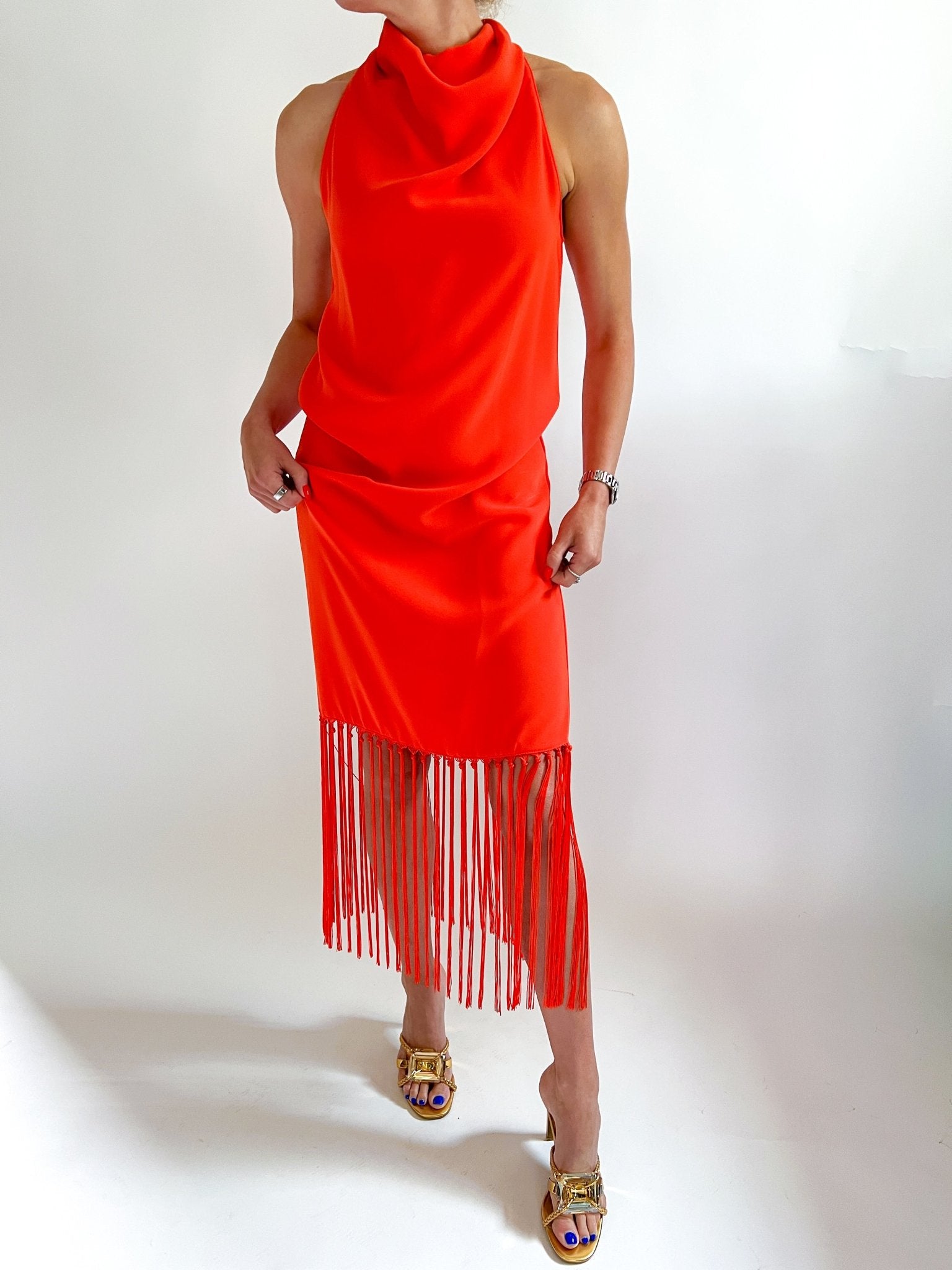 Mandarin orange sleeveless midi cocktail dress