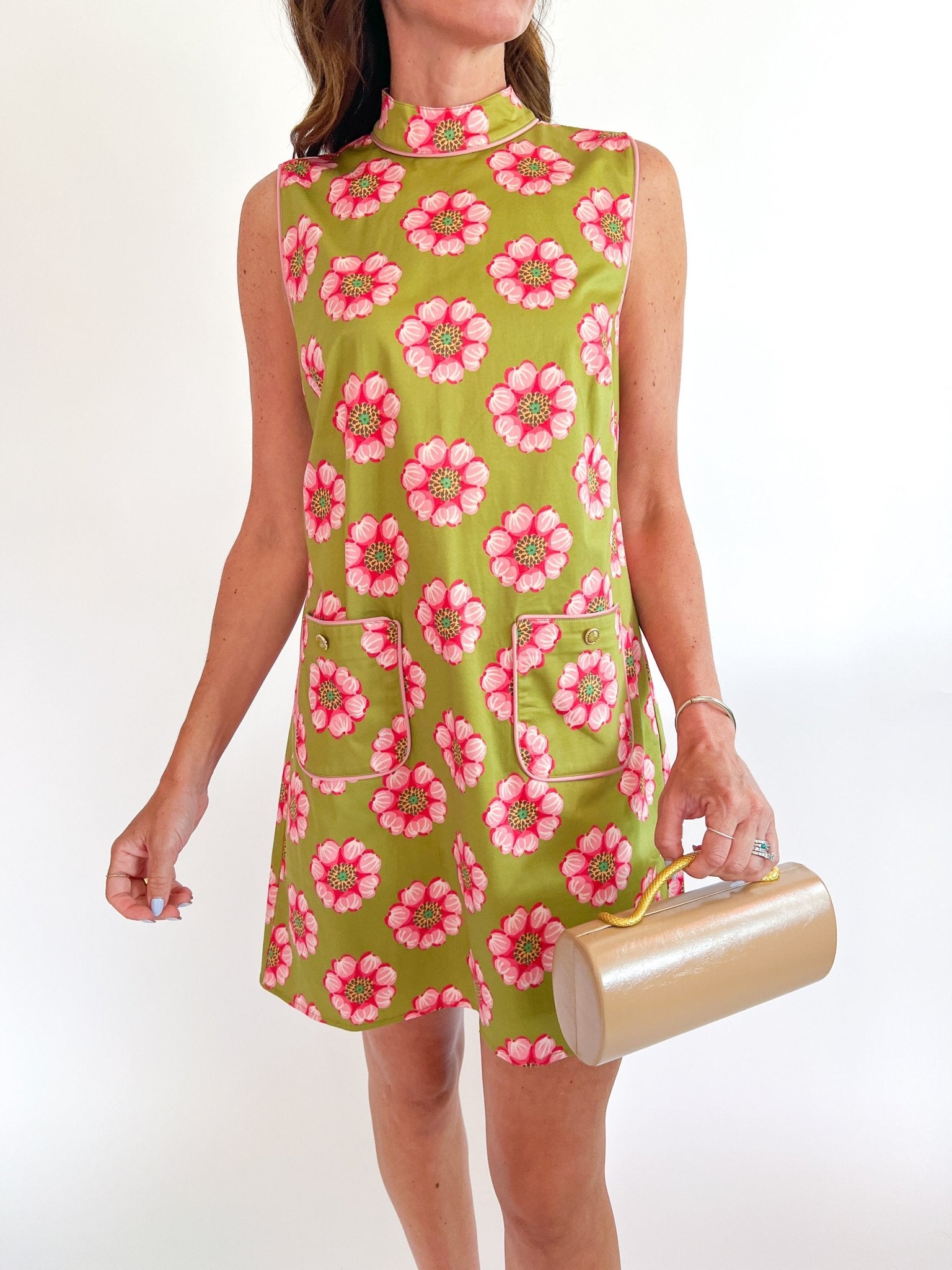 Floral mini dress with mock neckline and pockets