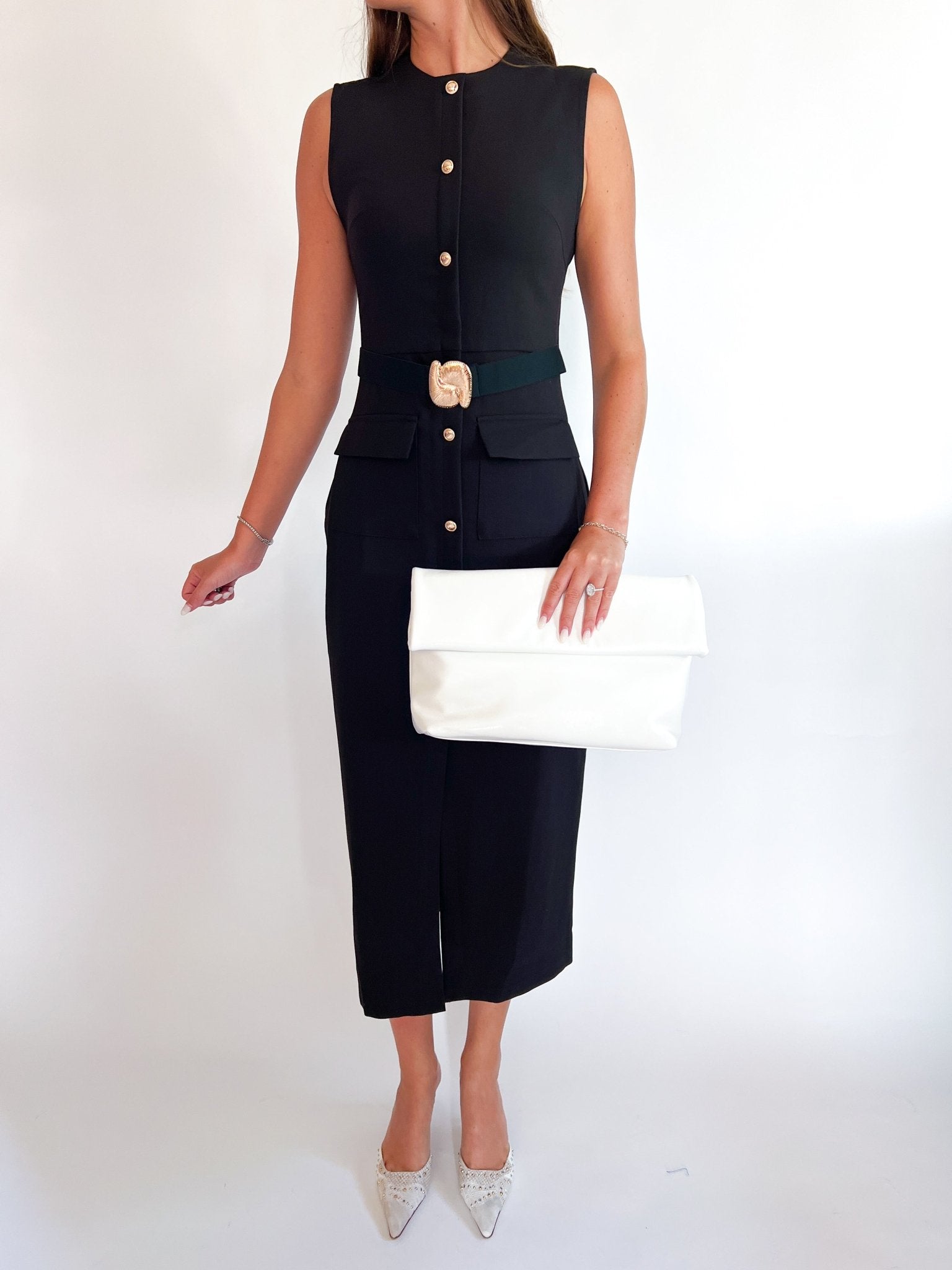Black sleeveless midi dress with belted waist