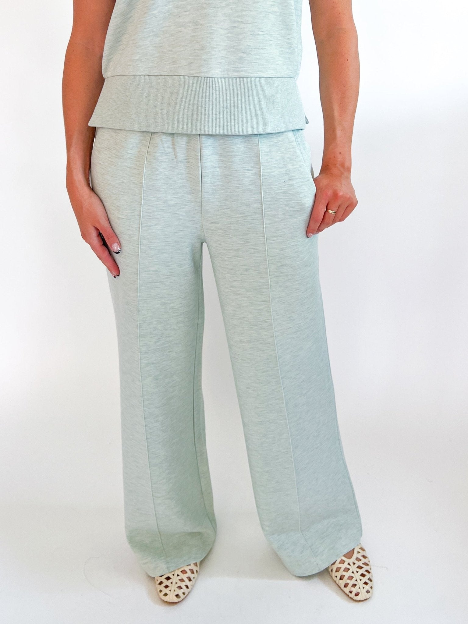 Mint green wide leg lounge pants with pintuck detail