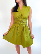 Green sleeveless A-line mini dress with tie waist