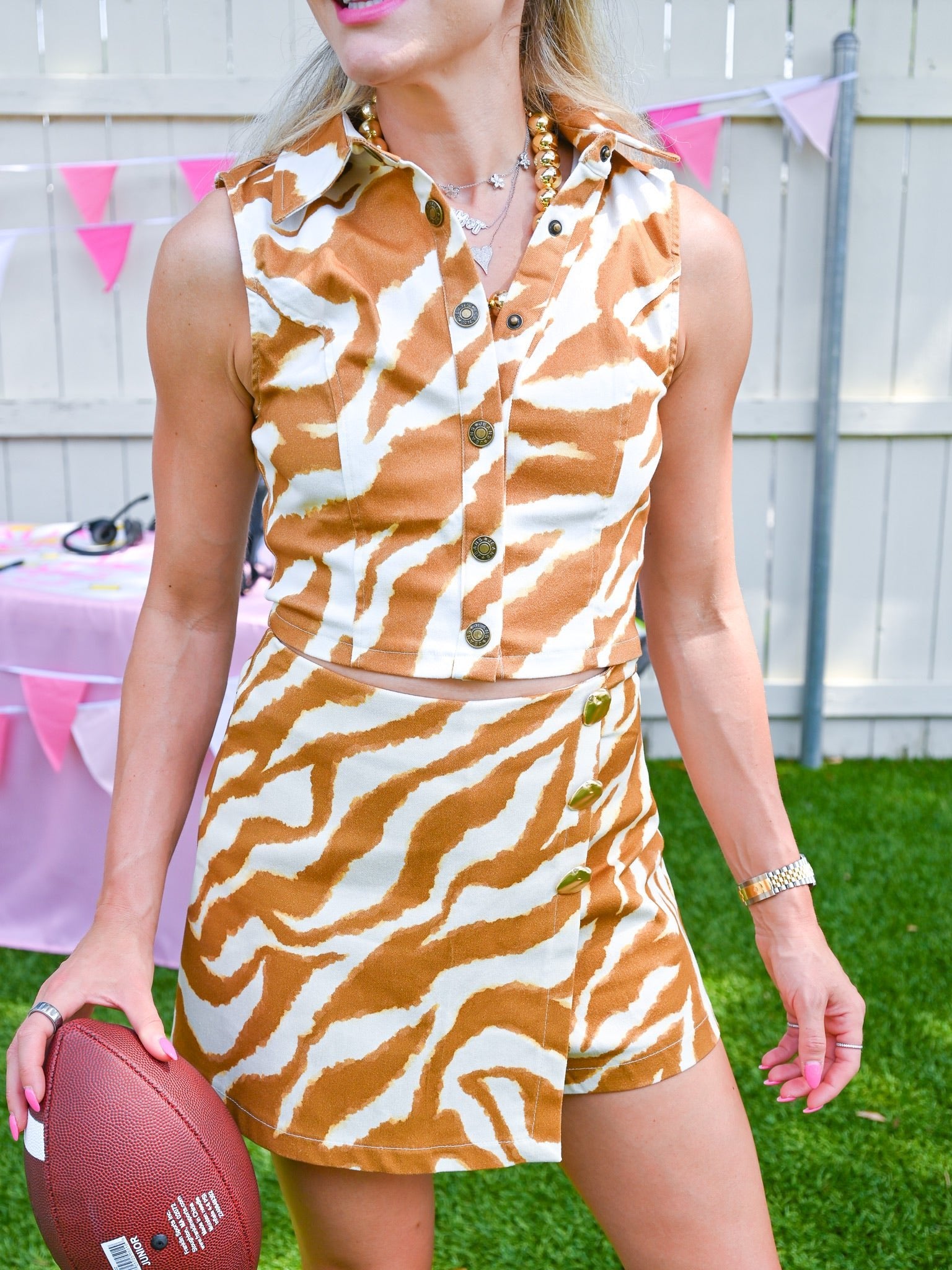 Tiger print sleeveless top and skort set