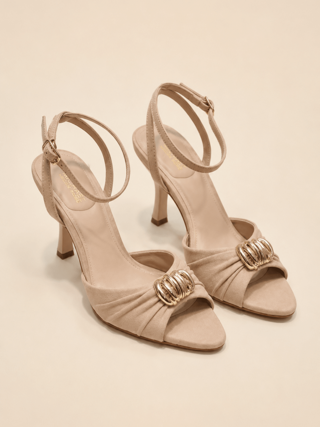 Nude open toe heeled sandals with slim ankle strap