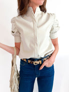 Vegan Leather Placket Front Ruched Sleeve Top - Swoon Boutique New Orleans