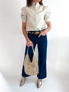Vegan Leather Placket Front Ruched Sleeve Top - Swoon Boutique New Orleans