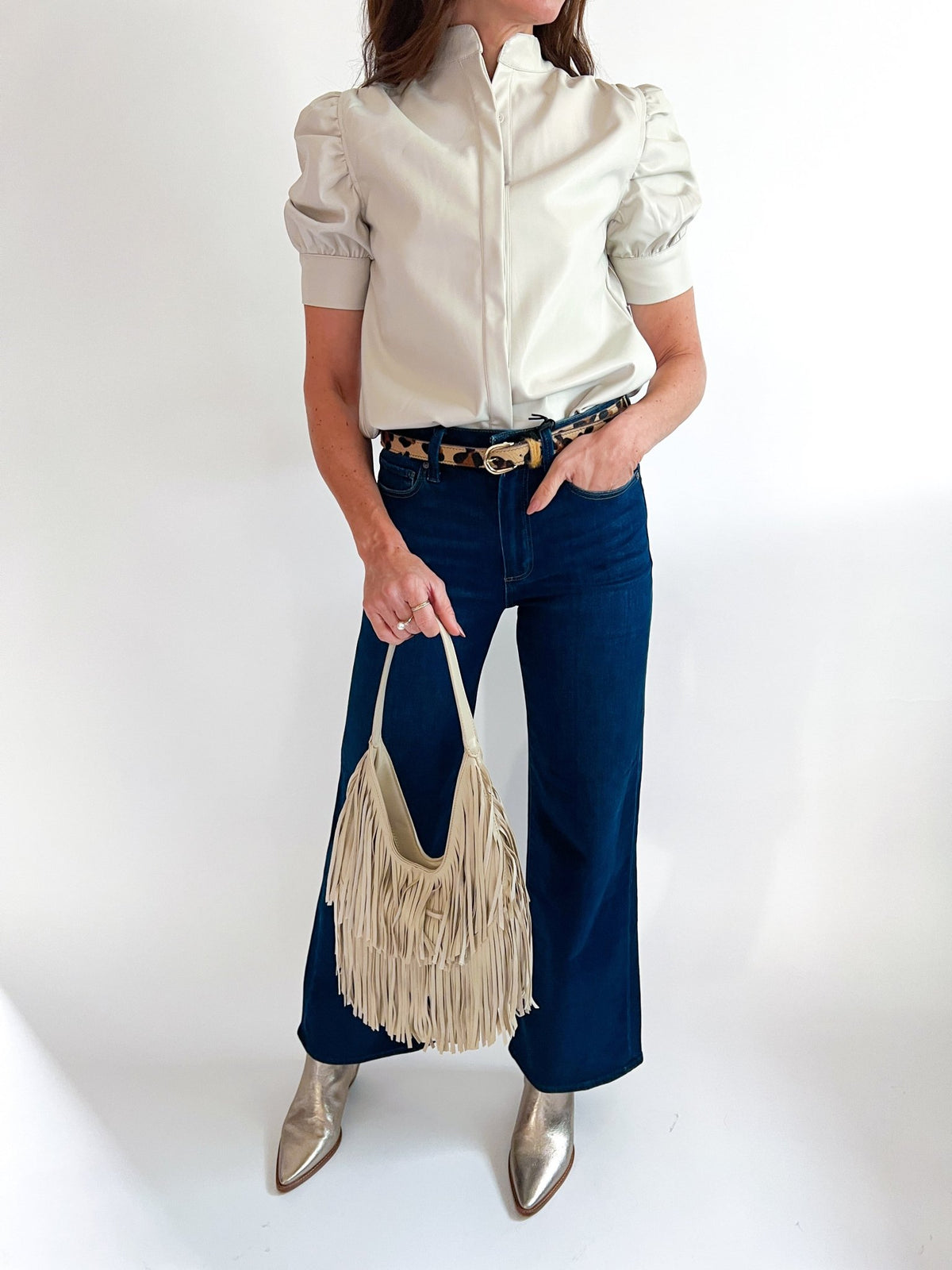Vegan Leather Placket Front Ruched Sleeve Top - Swoon Boutique New Orleans