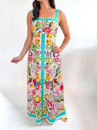 Multi color vintage scarf print smocked sleeveless maxi dress