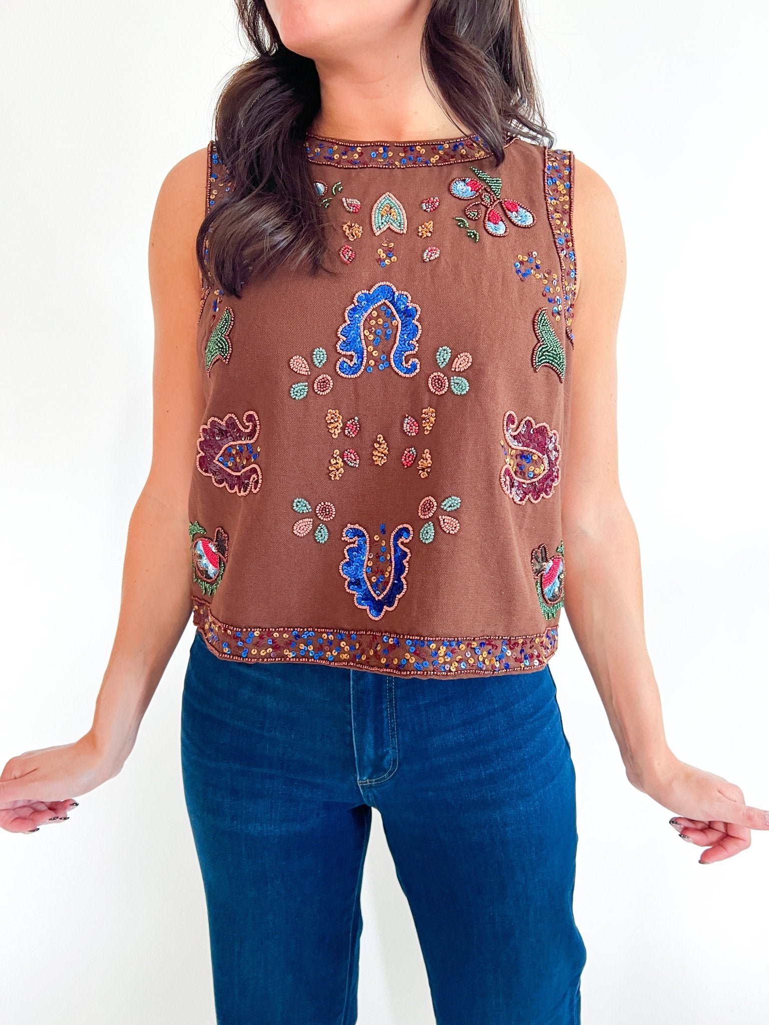 Brown sleeveless beaded sequin tank top