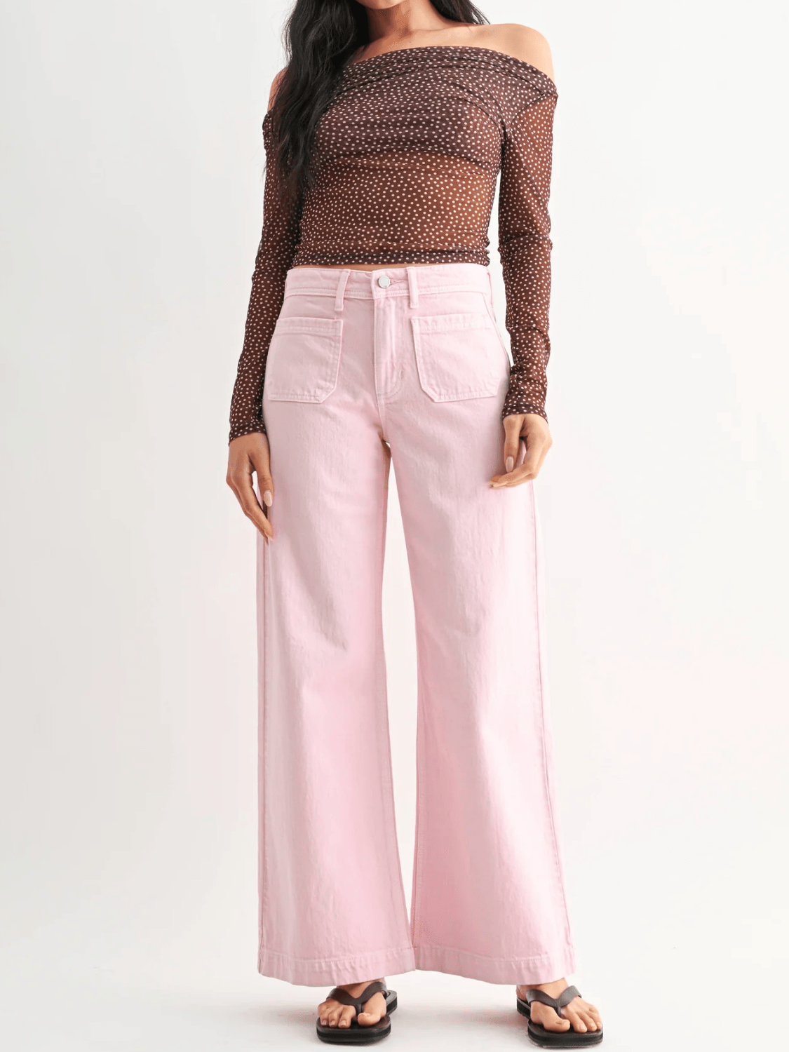 Pink wide leg jeans with patch pockets