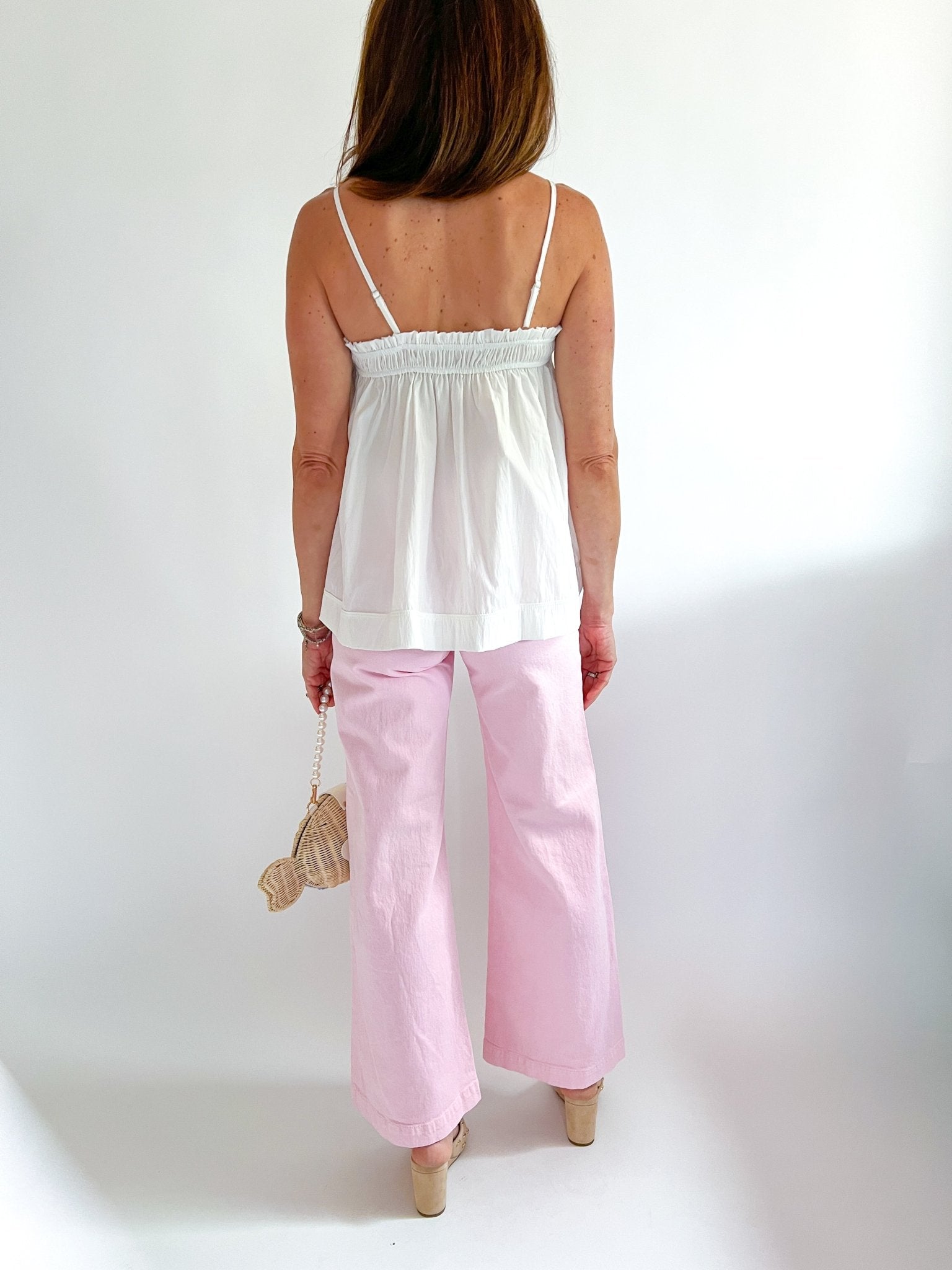 Pink wide leg jeans with patch pockets