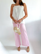 Pink wide leg jeans with patch pockets