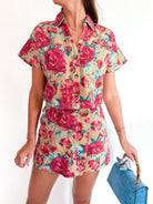 Multicolor floral button front top with short sleeves