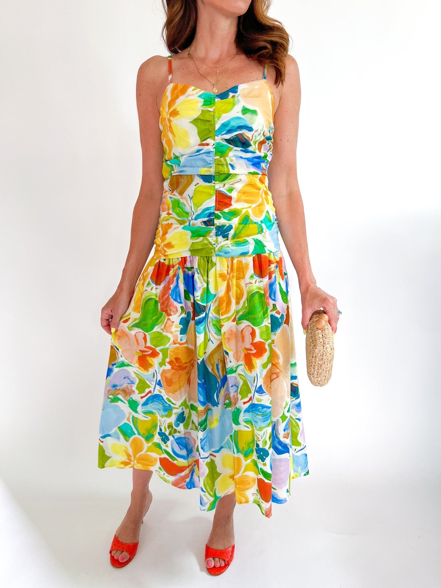 Floral Ruched Midi Dress Multicolor / L