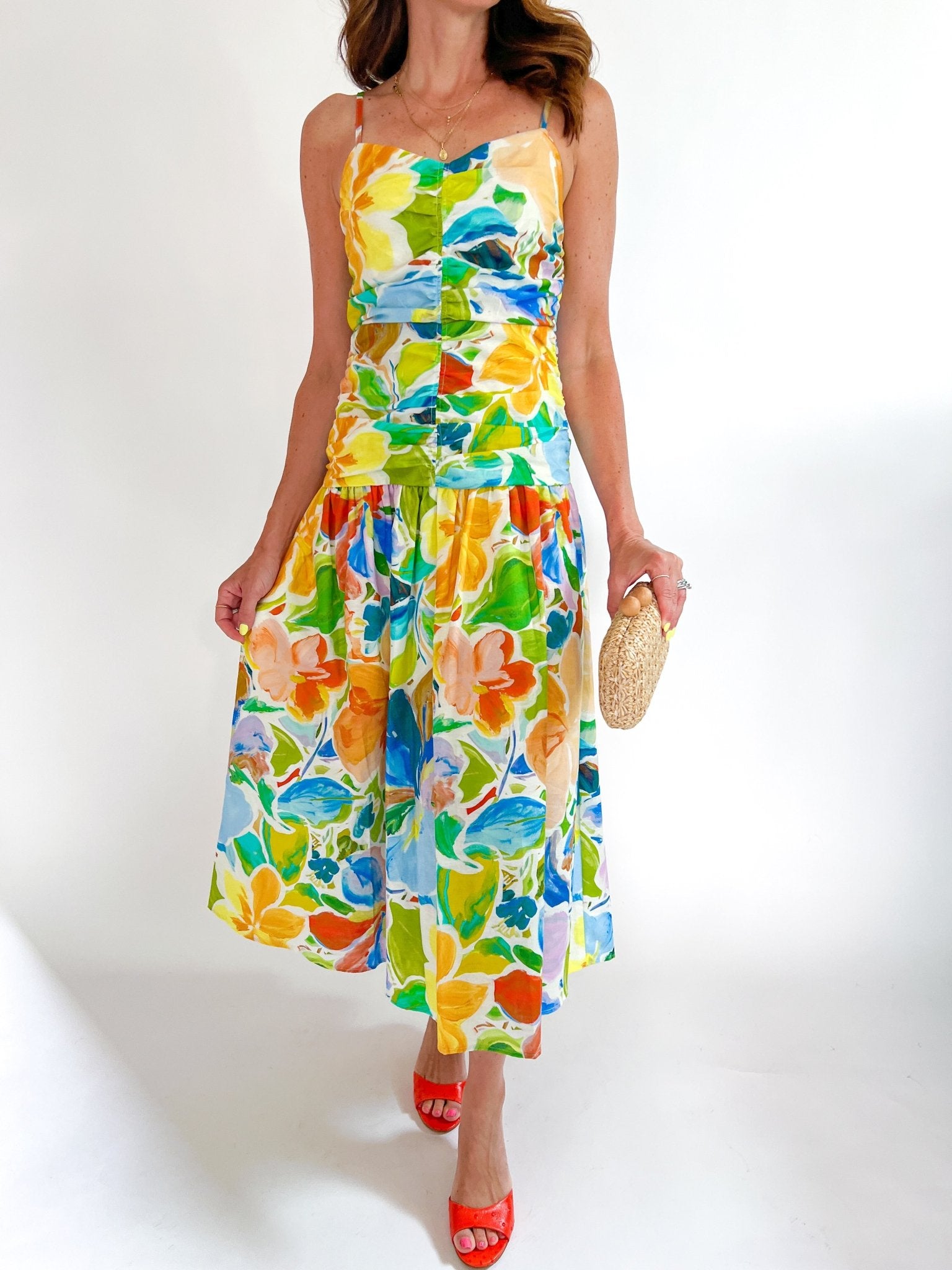 Floral Ruched Midi Dress Multicolor / L