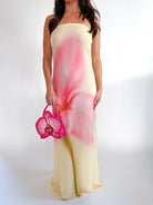 Watercolor Floral Strapless Maxi Dress in yellow with bold pink watercolor floral print