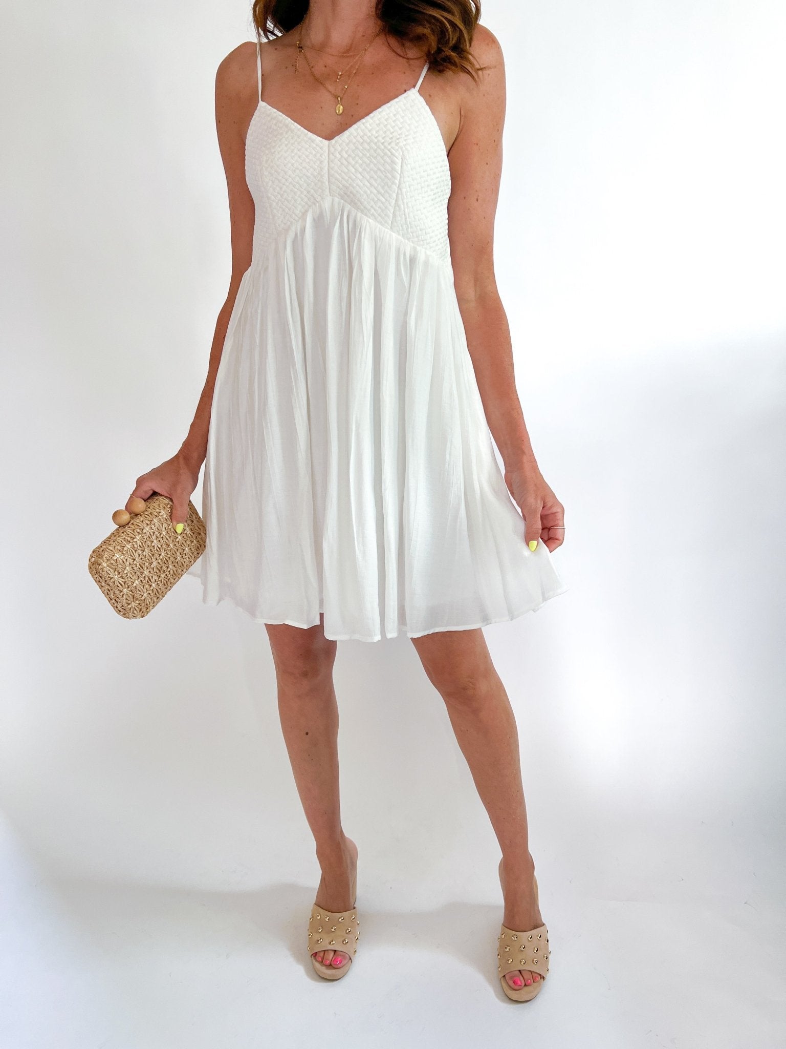 Woven Lattice Bodice Babydoll Mini Dress - Swoon Boutique New Orleans